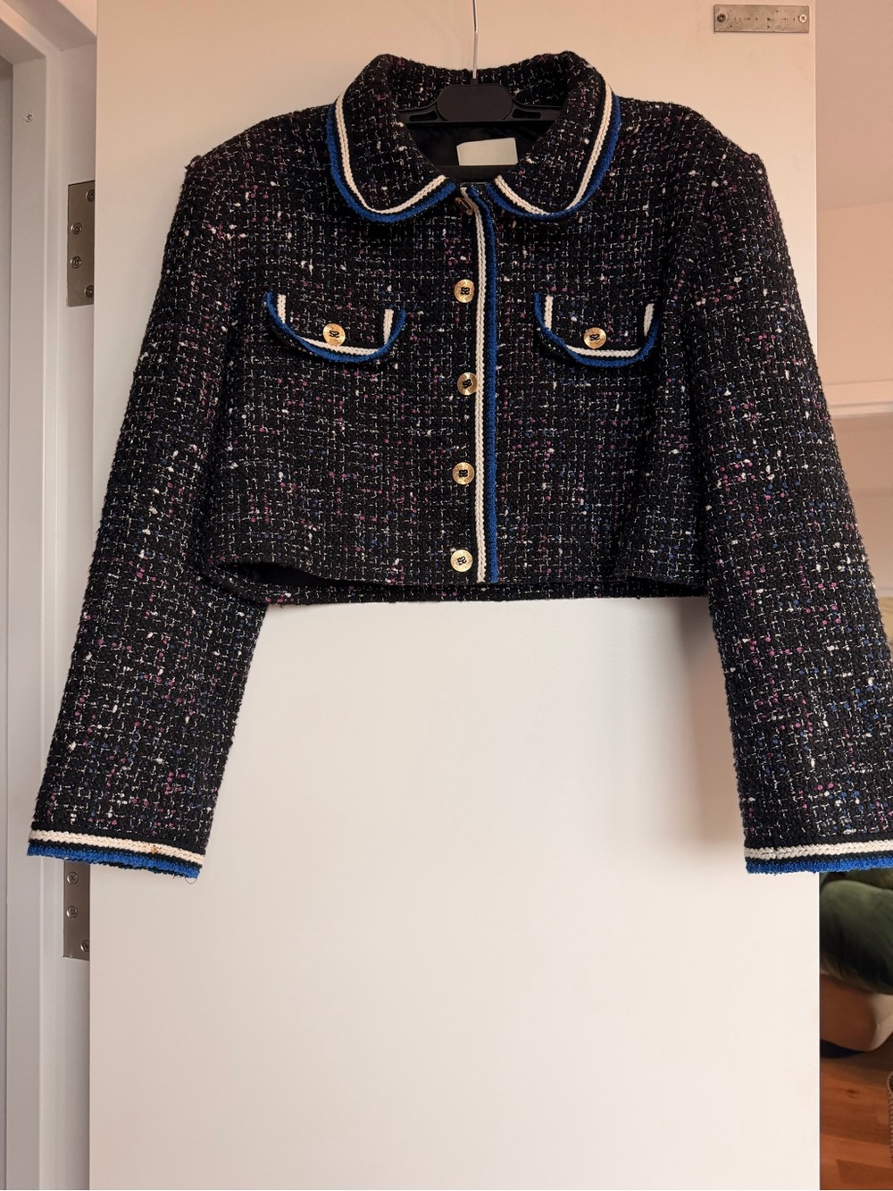 Sandro Black Tweed Cropped Blazer with Blue Trim